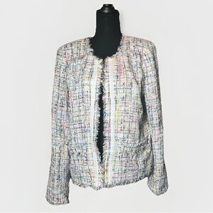 $90 Worthington L Women's White Tweed Multicolor Fringe Jacket Blazer Open Front